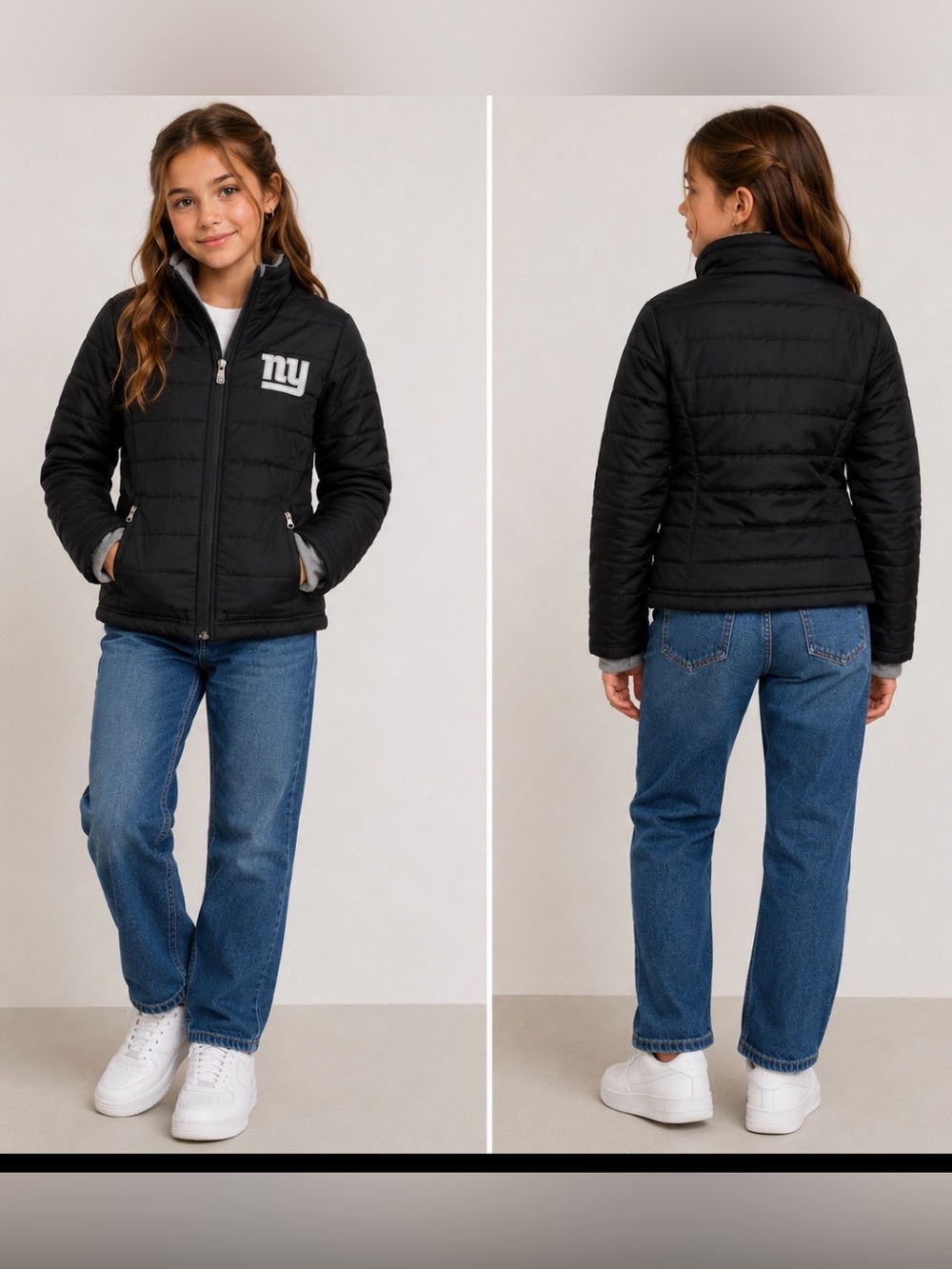 Girls NFL New York Giants Puffer Jacket Black Size Medium 10/12